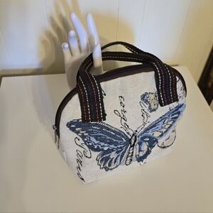 Blue Butterfly Embroidered Canvas Tote - Women's Small Handbag